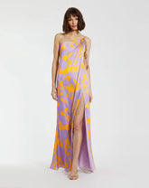 Purple Orchid Floral Printed Charmeuse One Shoulder Maxi Dress With Slit