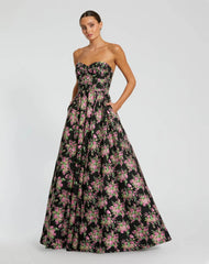 Black Strapless Sweetheart Brocade Floral Ballgown