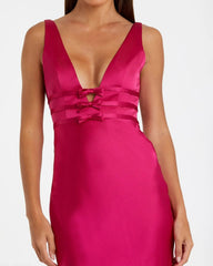 Hot Pink Sleeveless V Neck Satin Gown With Bow Details