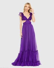 Purple Ruched Ruffled Shoulder Cut Out Lace Up Gown - FINAL SALE