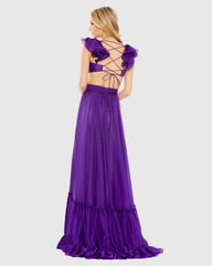 Purple Ruched Ruffled Shoulder Cut Out Lace Up Gown - FINAL SALE