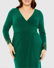 Green Long Crystal Detail Sleeve V Neck Gown