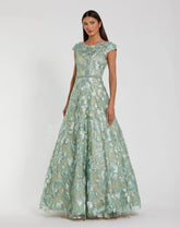 Green Embellished Cap Sleeve High Neck A-Line Ballgown