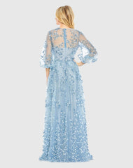 Blue Embroidered Puff Sleeve A-Line Gown