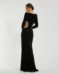 Black Long Sleeve Sheer Embellished Velvet Gown