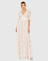 Pink Floral V-Neck Ruffle Detail Empire Waist Gown