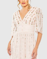 Pink Floral V-Neck Ruffle Detail Empire Waist Gown