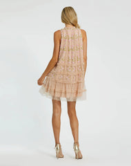 Beige Sleeveless High Neck Beaded Ruffle Mini Dress