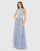 Blue Embroidered High Neck Sleeveless Ruffled Gown