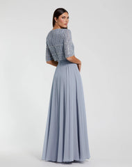 Blue Chiffon Gown w/ Fully Beaded 3/4 Sleeve Top