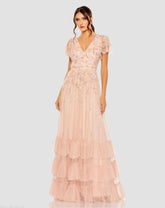 Pink Ruffle Tiered Embellished Faux Wrap Flutter Sleeve Gown