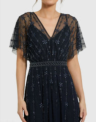 Navy V Neck Embellished Flutter Sleeve A Line Gown