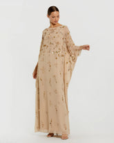 Beige Floral Embellished Kaftan Gown