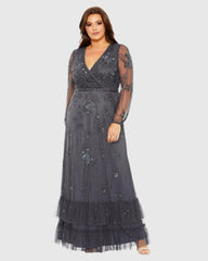 Puff Sleeve V-Neck Tiered Embellished Gown