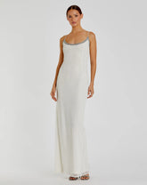 Beaded Spaghetti Strap Column Gown
