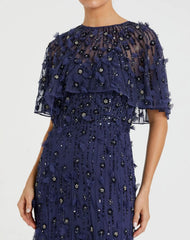 Navy Embellished Illusion Cape Sleeve Trumpet Gown