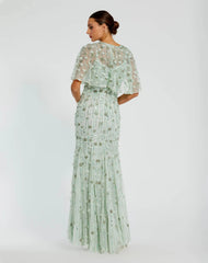 Green Embellished Illusion Cape Sleeve Trumpet Gown