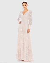 Pink Beaded Lace Long Sleeve Wrap Over Gown