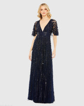 Navy Embellished V-neck Empire Waist Gown