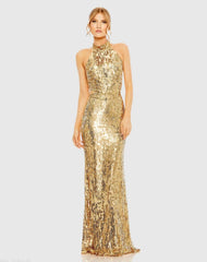 Gold Open Back High Neck Sequin Gown