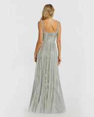 Green Scoop Neck A-Line Gown With Striped Beading