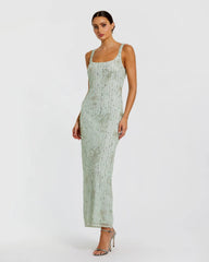 Green Beaded Mesh Scoop Neck Fitted Gown With Bows