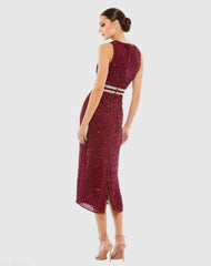 Dark Red Sleeveless High Neck Beaded Midi Sheath Dress