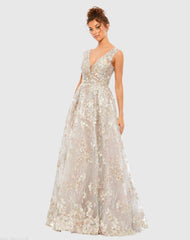 Silver Floral Embroidered Illusion V-Neck Gown