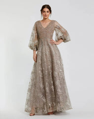 Beige Embellished Plunge Neck Puff Sleeve A Line Gown