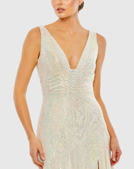 Beige Sequin Asymmetrical Ruffle Tiered Gown