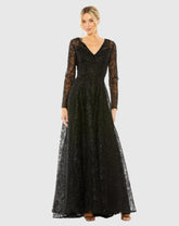Crystal Embellished Long Sleeve V-Neck Gown