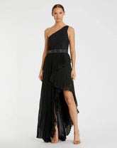 Black Pleated One Shoulder Asymmetrical Ruffle Hem Gown