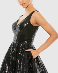 Black Sequin V Neck Fit & Flare Mini Dress