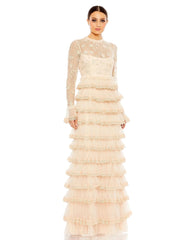 Beige Embroidered Long Sleeve Ruffled Tiered Gown
