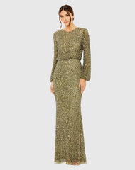 Green High Neck Long Sleeve Beaded Blouson Gown