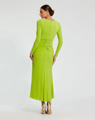 Green Ruched Long Sleeve Ruffle Hem Dress