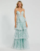Green Spaghetti Strap Applique Tiered Ruffle Gown