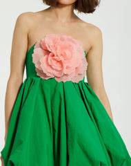 Green Strapless Faille Mini Dress With 3D Flower
