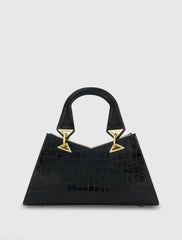 Black Crocodile Leather Handbag With Gold Hardware