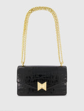 Black Crocodile Leather Shoulder Bag With Gold Hardware