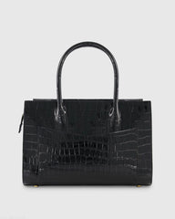 Black Crocodile Leather Tote Bag With Gold Hardware