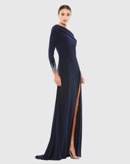 Navy Beaded Cuff Drop Shoulder Faux Wrap Gown