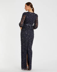 Navy Elbow Length Sleeve Embellished Gown