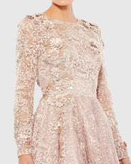 Pink Embellished Illusion Long Sleeve A Line Gown