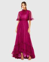 Ruffled Mock Neck Flutter Sleeve High Low Hem Gown