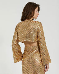 Gold Beaded Sequin Georgette Long Sleeve Cardigan