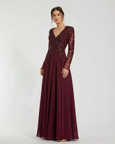 Embellished Illusion V Neck Long Sleeve Gown