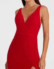 Red Plunge Neck High Slit Gown