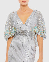 Silver Sequined V Neck Floral Embellished Cape Sleeve Gown