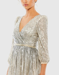 Silver and Beige Sequined Wrap Over 3/4 Sleeve Gown